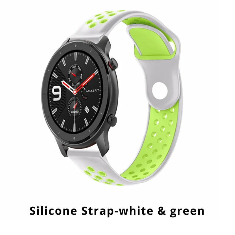 Silicone white green Huami Amazfit GTR 47 мм умный Браслет замена металла Милана из нержавеющей стали кожаный силиконовый холст ремешок для часов - Цвет: Silicone white green