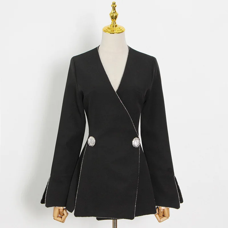 

Женский блейзер на двух пуговицах, черный повседневный деловой пиджак с V-образным вырезом, офисные жакеты