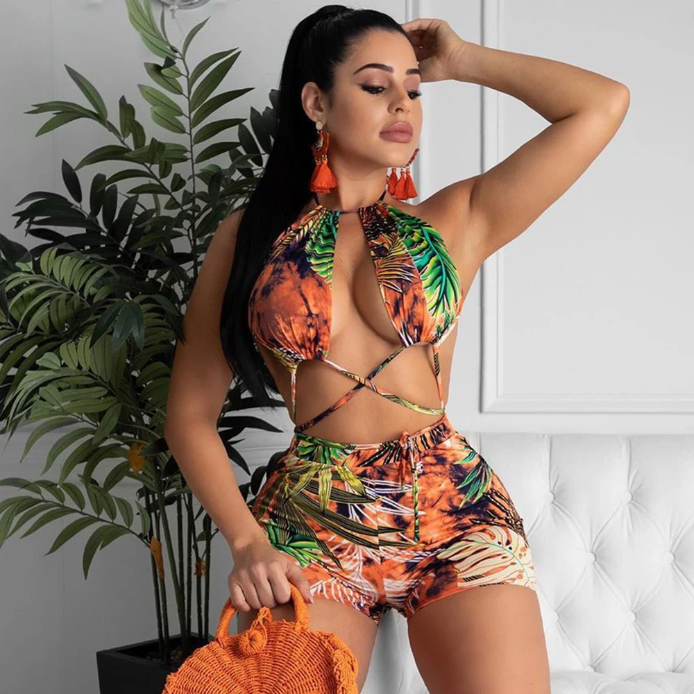 

2021 Sexy High Waist Bikini Swimwear Women Swimsuit Leaf Print Bikini Set Bandage Bathing Suits Summer Beach Wear Swimming Suit