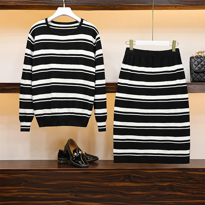 5XL большой размер женский осенне зимний вязаный костюм черно белые свитера в