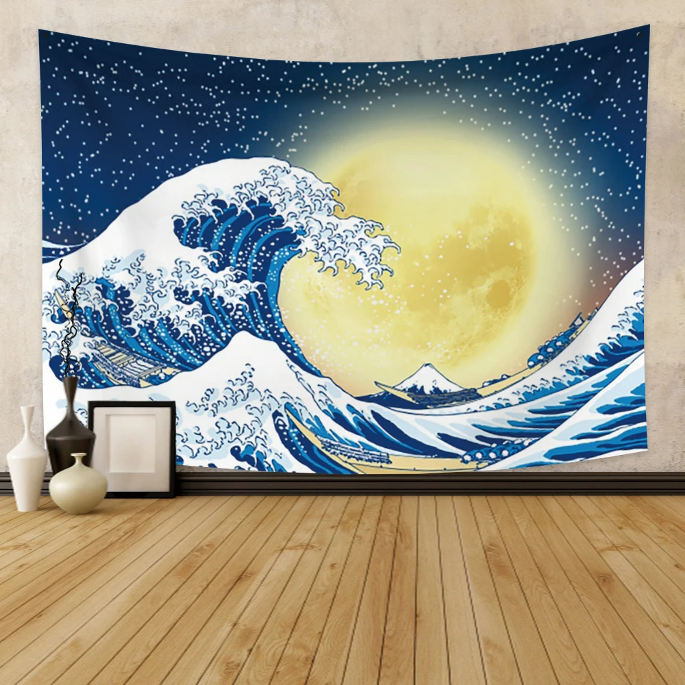 

Laeacco Full Moon On The Sea Tapestry Oil Painting Wall Hanging Bohemian Beach Mat Polyester Thin Blanket Yoga Shawl Mat Blanke