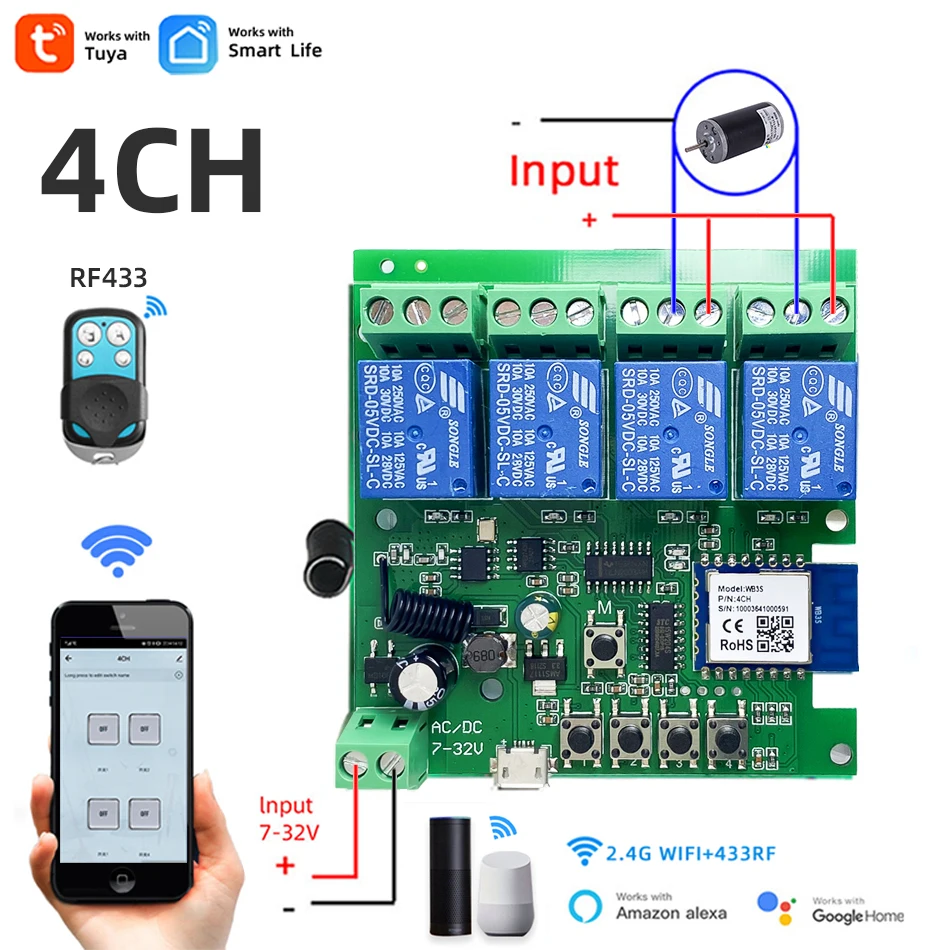 

4CH Wifi Tuya SmartLife Product,Motor Switch Module,DC 12V 24V 32V 4 Channel Inching Pulse Relay,Alice Alexa Google RF433 Remote