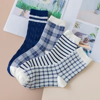 2020 new arrival japanese women houndstooth socks british style wild cotton blue striped plaid girl socks ladies high socks