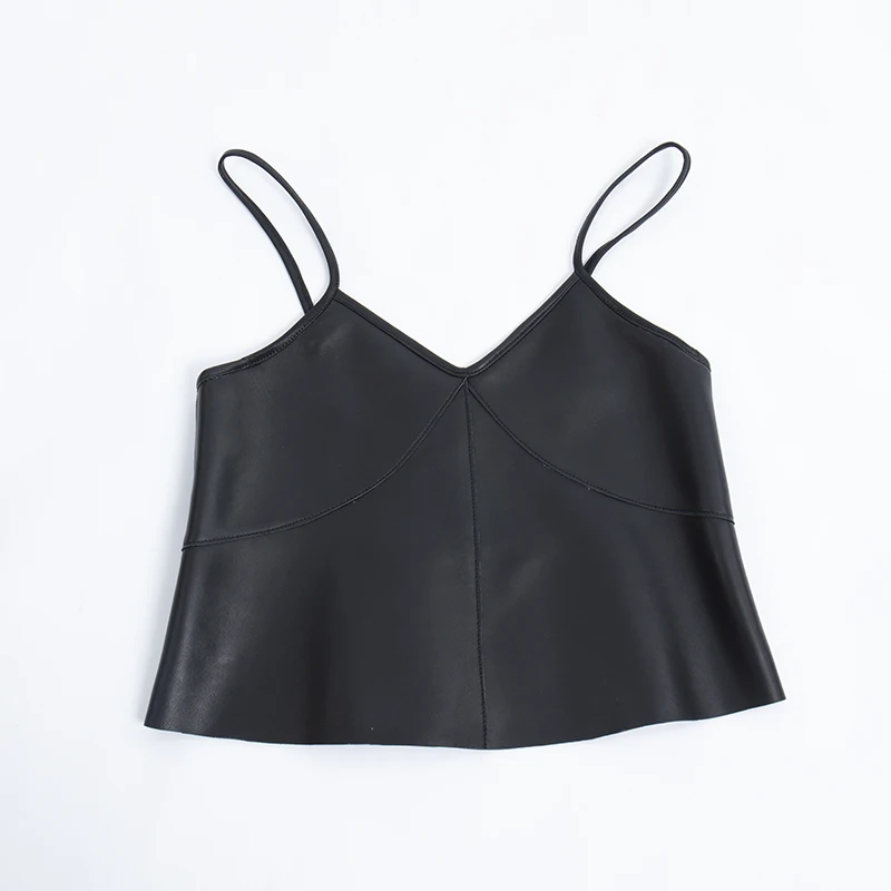 

2020 new fashion Genuine leather real black sheep skin crop women sexy tank halter top streetwear gothic short woman clothe
