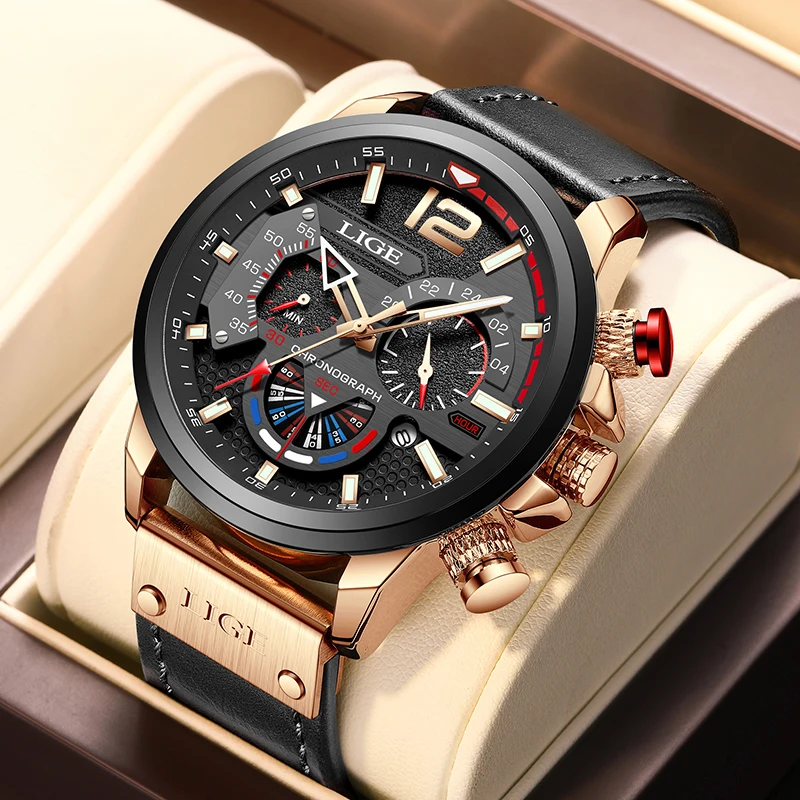 

Часы наручные LIGE Мужские кварцевые с хронографом, брендовые водонепроницаемые спортивные автоматические, с кожаным ремешком, с датой, 2021