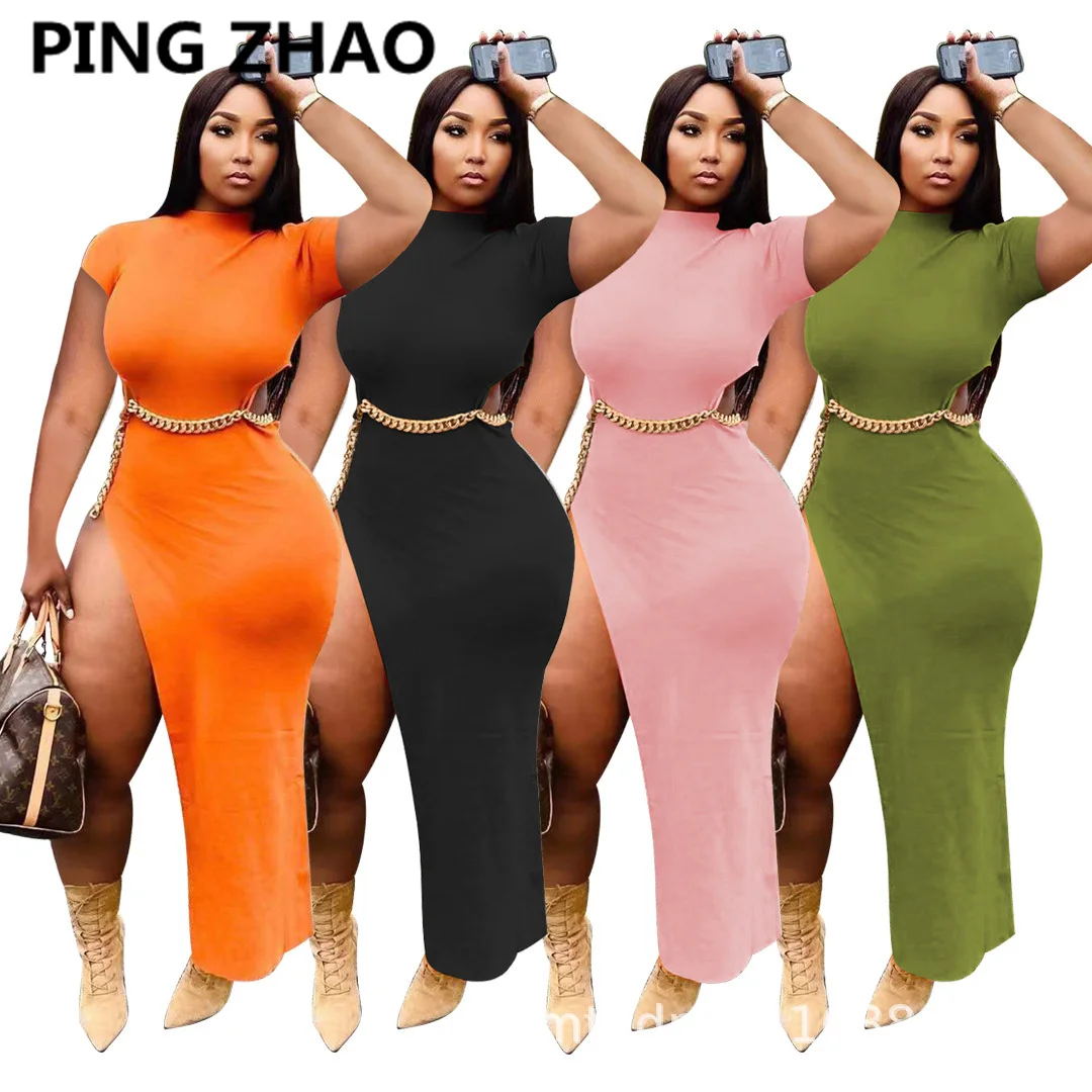 

PING ZHAO Women Short Sleeve Party Club Maxi Dress Summer Sexy High Slit Long Dress