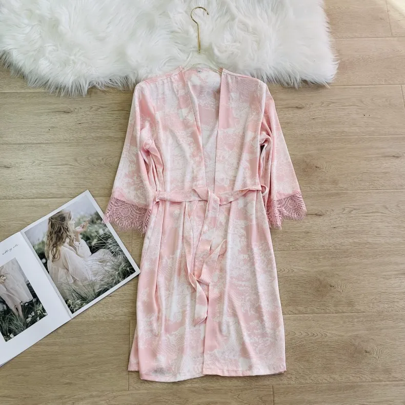 

Lace Patchwork Women Robe Summer Satin Bathrobe Gown Silky Sleepwear Female Kimono Gown Casual Nightgown Home Dressing Gown