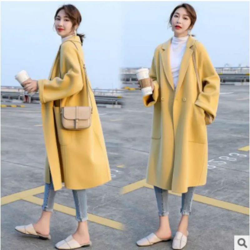 

2021Winter autumn Yellow Woolen Coat Women Plus Size Loose New Fashion Long Thick Add Cotton Jacket Blends Top Clothing Feminina
