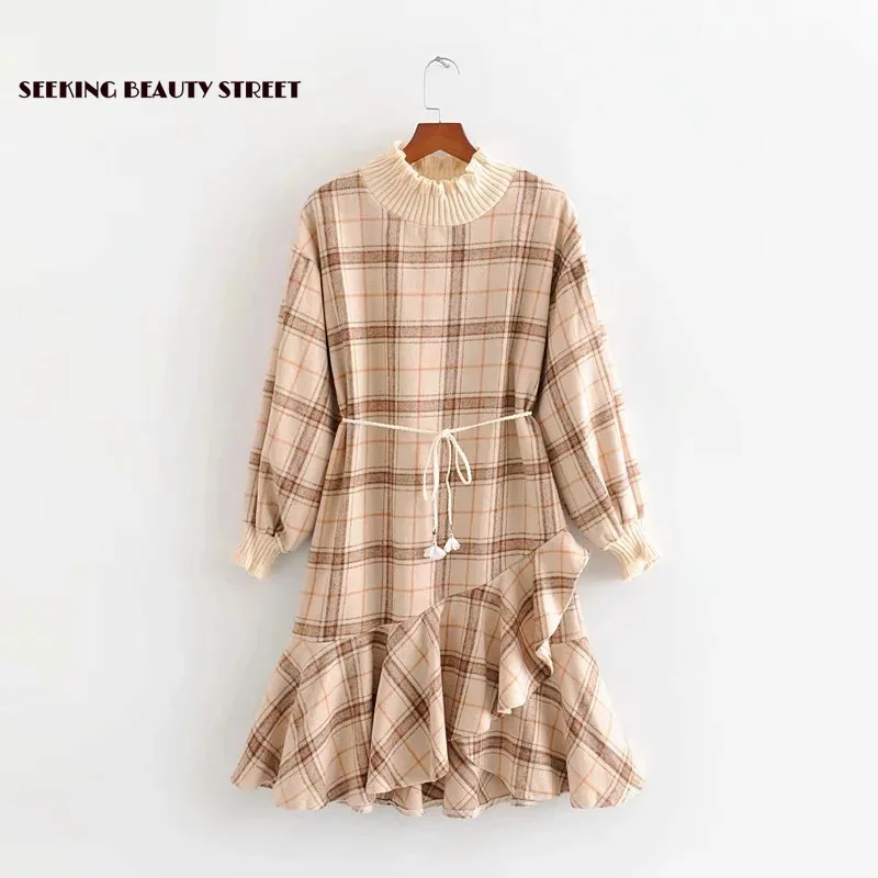 Новинка 2019 года зимнее винтажное платье из шерсти в клетку со шнуровкой | Женская