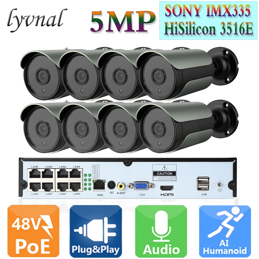 

Ip-камера видеонаблюдения H.265 SONY335, 5 Мп, poe, 48 В, 8 каналов