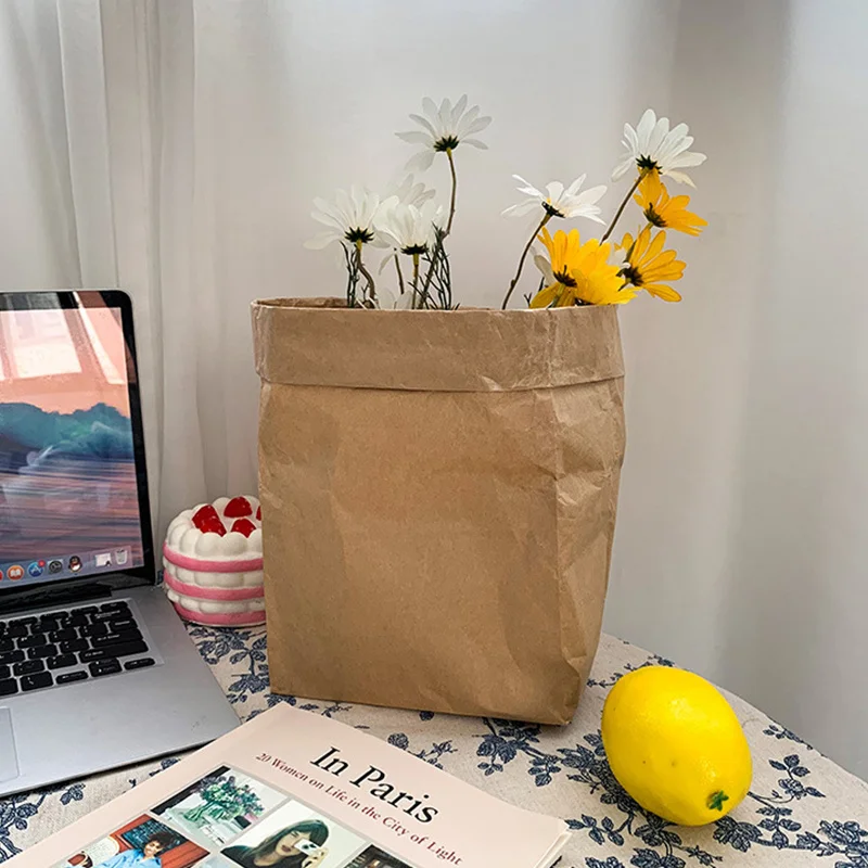 

Washable Kraft Paper Bags Plant Flowers Pots Desktop Storage Bag Reusable Durable Paper Storage Bags for Food, Fruit, Toys