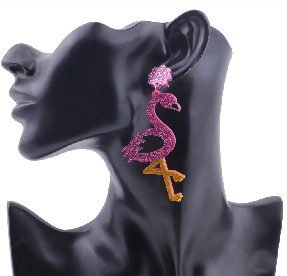 

Fashion Big Acrylic Purple Glitter Flamingo Drop Earrings For Women Girls Birds Long Dangle Earrings Female Punk Party Jewelry