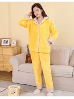 coral fleece flannel thickened in autumn and winter plus fleece warm pajamas solid color button cardigan suit home service