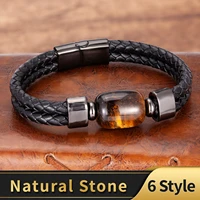 charm stone bead genuine leather bracelets for men 2020 fashion stainless steel clasp multilayer rope bracelet male jewelry gift