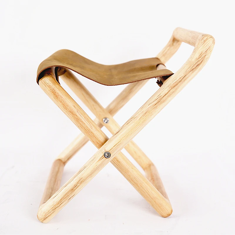 

Solid Wood Cowhide Folding Stool Home Canvas Bench Backrest Portable