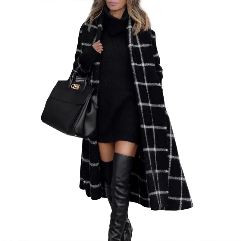 

2020 Autumn Winter Long Coat Women New Casual Hot Female Plaid Woolen Clothes Belt Ladies Coats Loose Overcoat Elegant Manteau