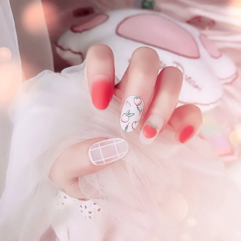 24 шт./кор. носимые накладные ногти с полным покрытием рисунком милые персиковые