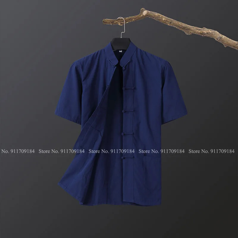 Chinese Style Men Short Sleeve Tops Tang Suit Retro Cotton Zen Tea Shirt Cheongsam Linen Casual Loose Blouse Oriental Clothing |