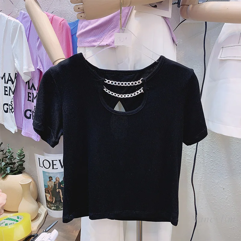

Crop Top Women's Summer T Shirt Personality Hollow Chain Neck Slim-Fit Short Sleeve T-shirts Girls Ladies All-Match Female Cloth