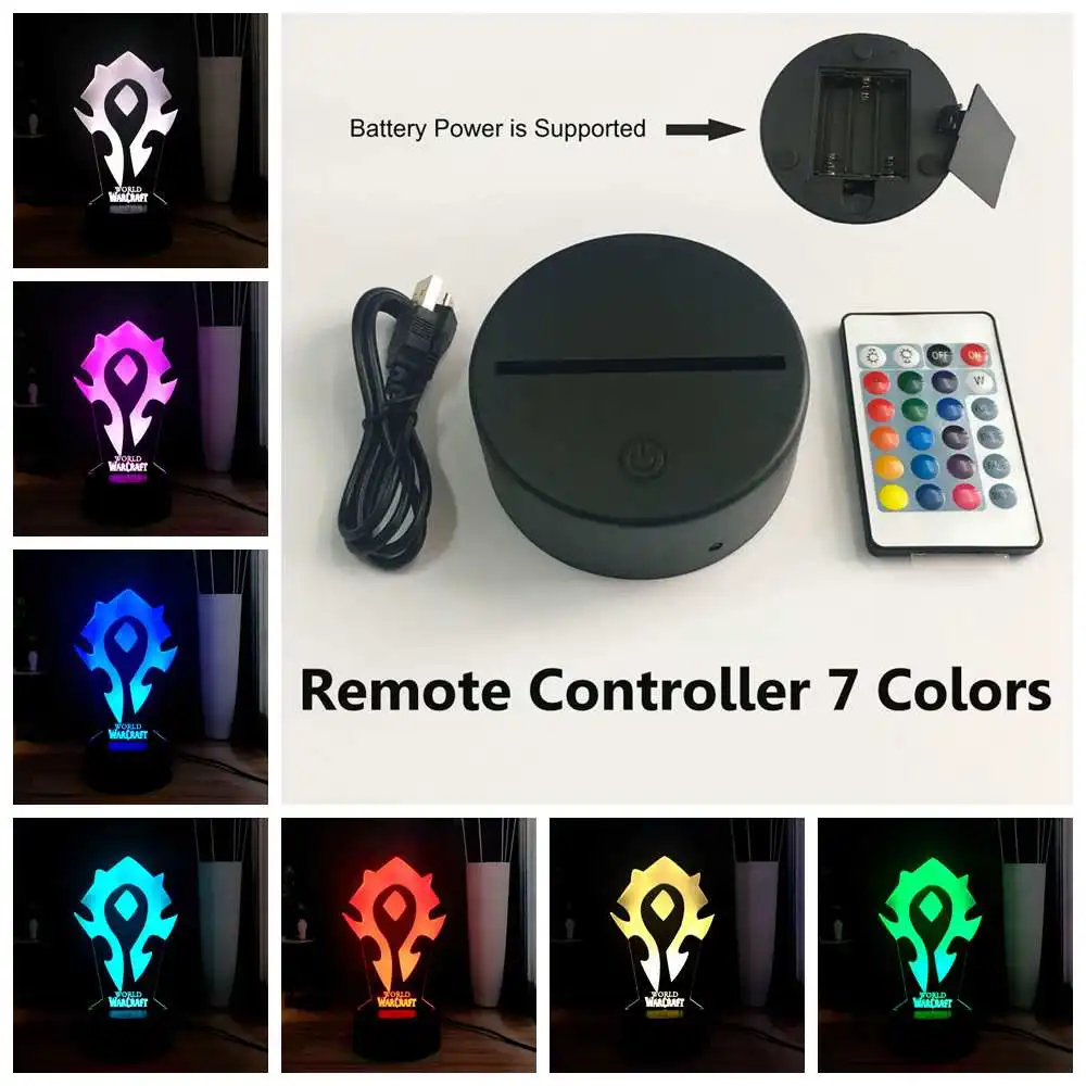 USB Remote 7 Colors WOW 3D визуальная Таблица лампа World of Warcraft символика Орды RGB 7 красочная USB мини лампа светодиодный ночник лампа для праздника - Испускаемый цвет: USB Remote 7 Colors