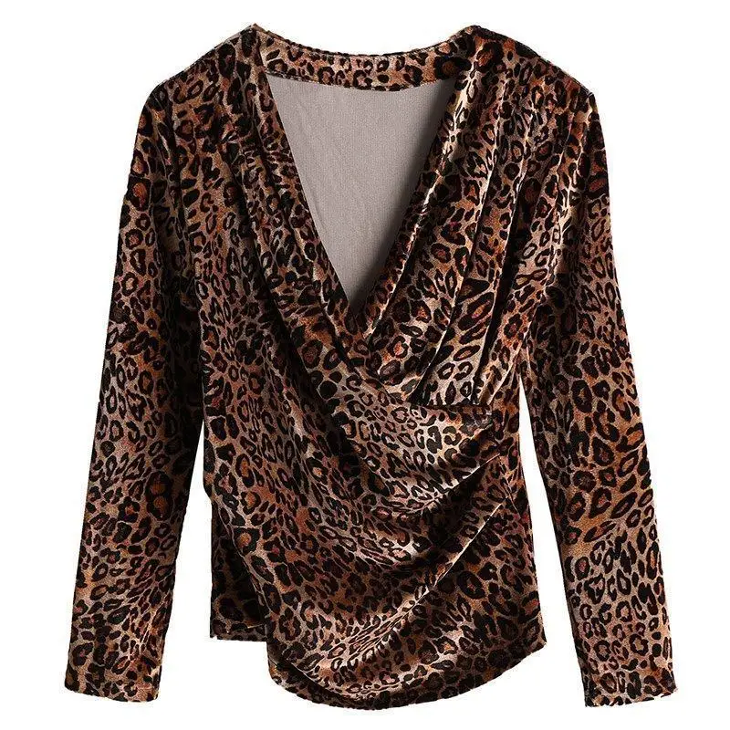 

Autumn New Leopard Print Clothes Tops Gold Velvet Temperament Bottom T-shirts Tees Sexy Fashion V-neck T-shirt For Women P3 208