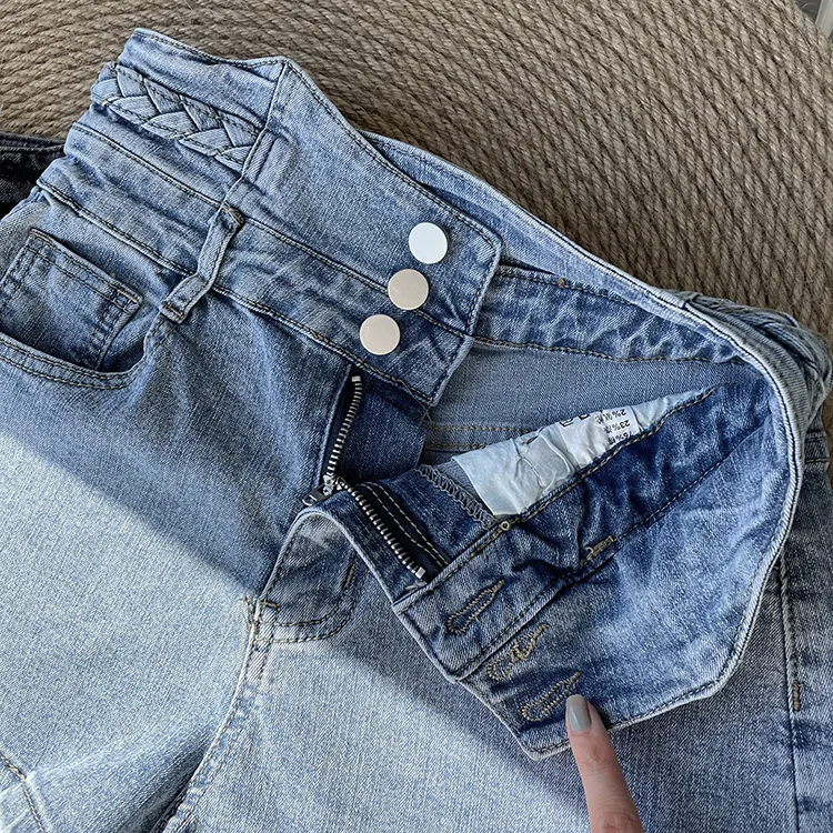 

[DEAT] Light Blue Three Button New High Waist A-line Straight Pants Jean Shorts For Women Ladies 2021 Spring And Summer GX658