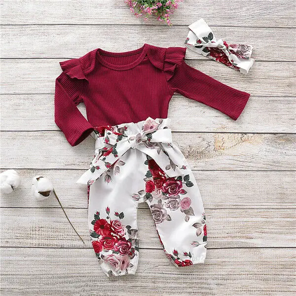 2020 Newborn Infant Baby Girl Clothes Set Spring Autumn Casual Flower Tops Romper Leggings Headband 3PCS Outfits | Мать и ребенок