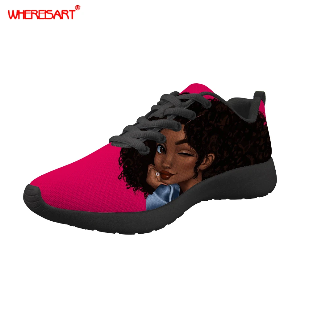 

WHEREISART African Women Casual Shoes Fashion Black Girl Magic Women Sneakers Breathable Mesh Walking Shoes Lace Up Flat Shoes