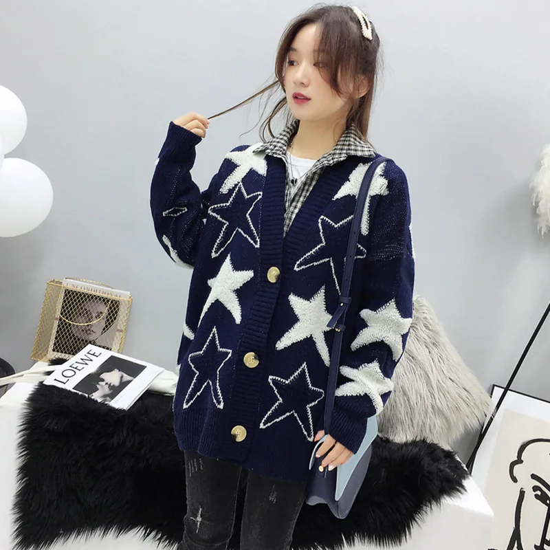 AZYT модный лоскутный вязаный свитер со звездами и вышивкой кардиган Женская