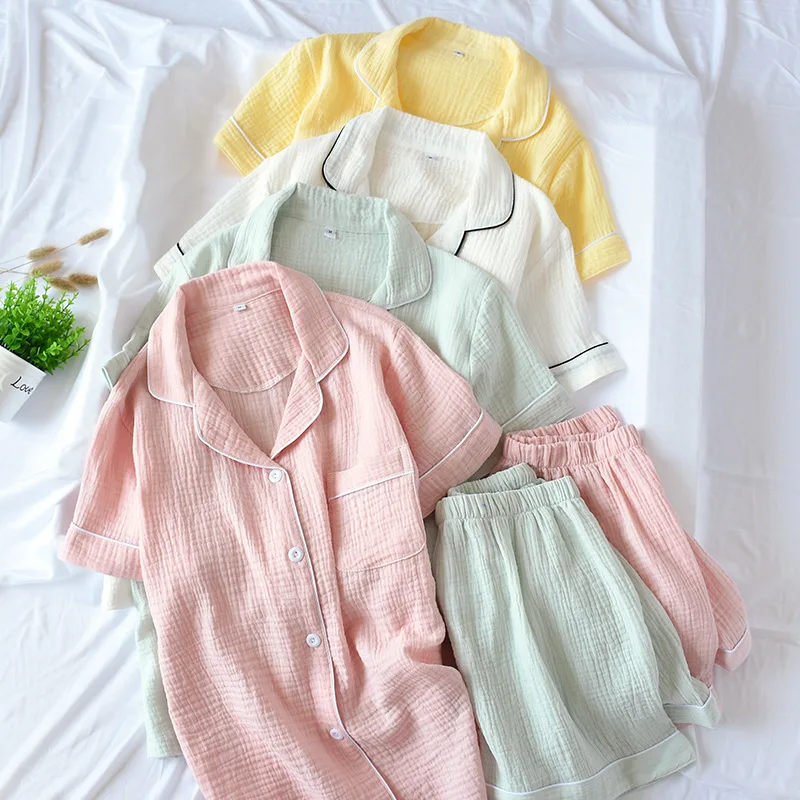 

Japanese-style new summer ladies cotton double-layer crepe gauze short-sleeved shorts pajamas suit large size home service women
