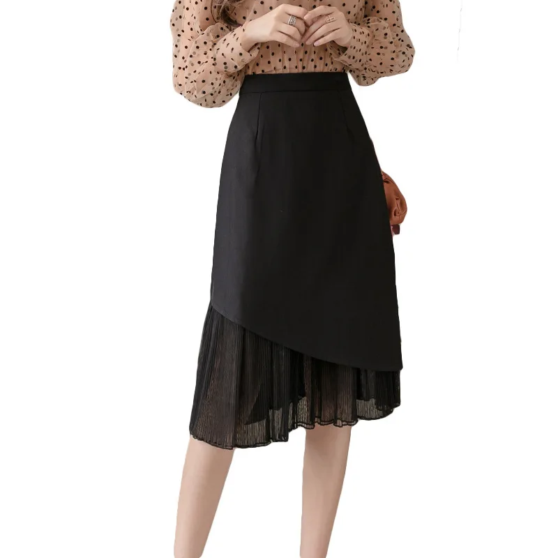 

New temperament mesh splicing irregular skirt women in the long thin waist A word skirt