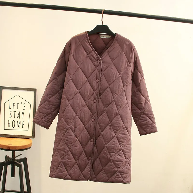 Fashion Argyle V Neck Bottoming Parkas Women Elegant Single Breasted Coats Women Solid Pockets Cotton Jackets Ladies Big Size