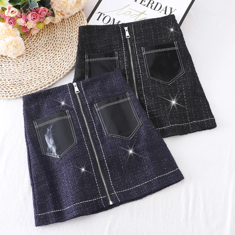 

Женская шерстяная юбка с карманами, блестящая трапециевидная юбка из искусственной кожи на молнии с высокой талией, Осень-зима 2020