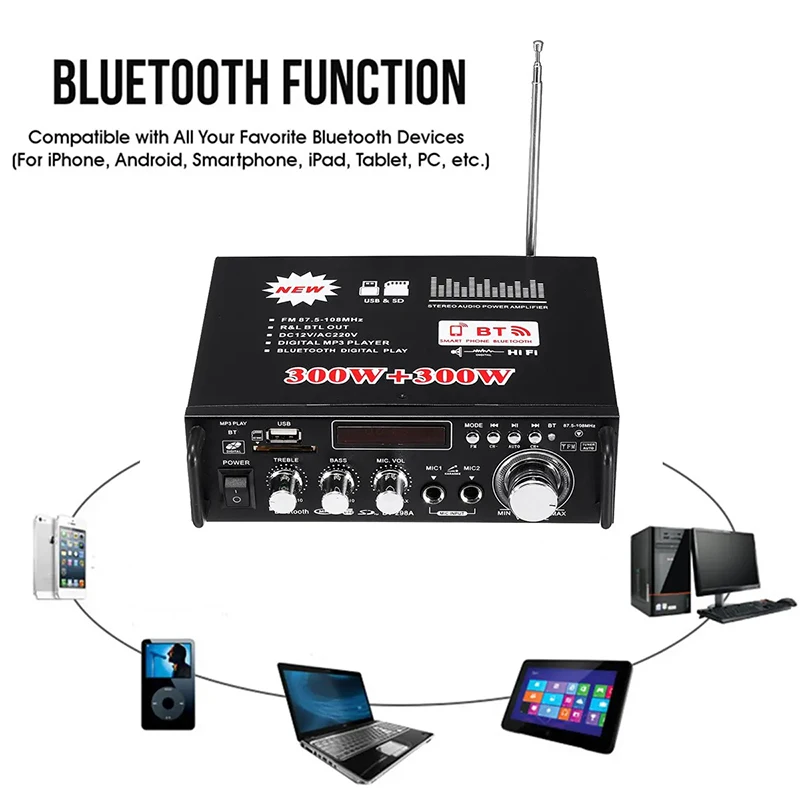 

European Standard 300+300W DC 12V/220V Mini Power Amplifier Speaker Power Amplifier Card U Disk Radio Bluetooth Power Amplifier