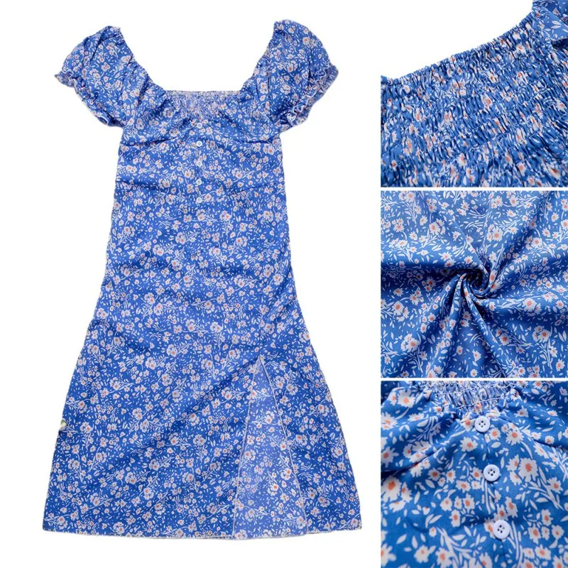 

Women Deep V Floral Split Dress Ladies Button Summer Slim Dress Casual Vestdios