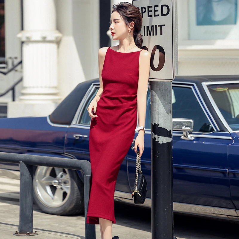 

Elegant Women Red Strap Dress Ladies Robe Vintage Solid One-Shoulder Split Maxi Dress French Style Summer Female Vestidos