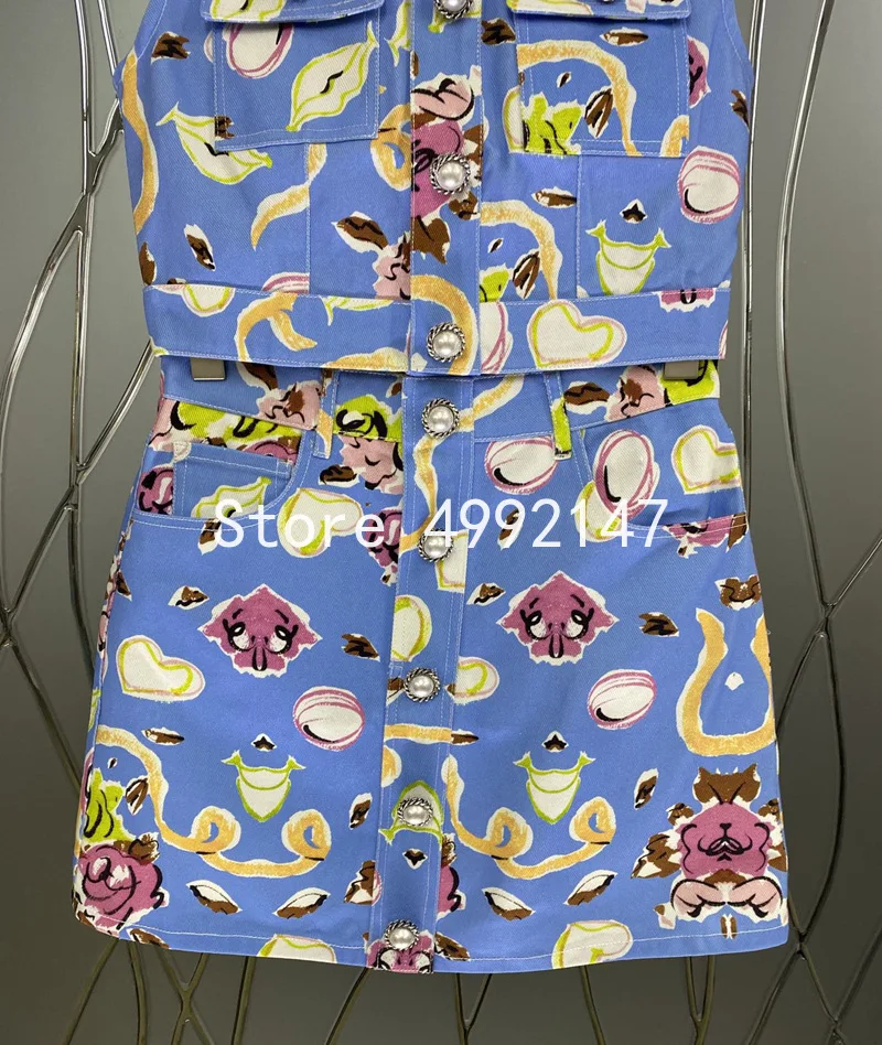 2021 summer women print blue skirt set pearl button o-neck sleeveless single breasted top + mini pencil skirt 2 pieces set y620