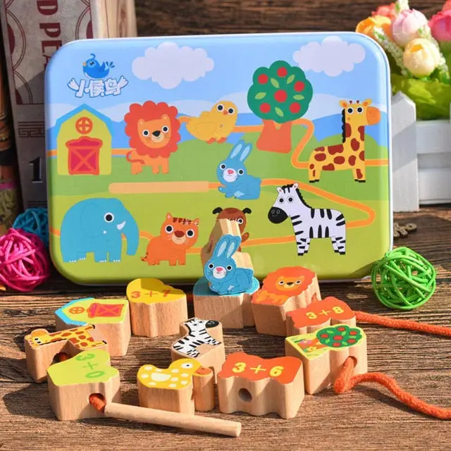 animal Logwood Детские деревянные игрушки DIY игрушка мультфильм фрукты животное нанизывание резьбы деревянные бусины игрушка Monterssori развивающие для детей - Цвет: animal