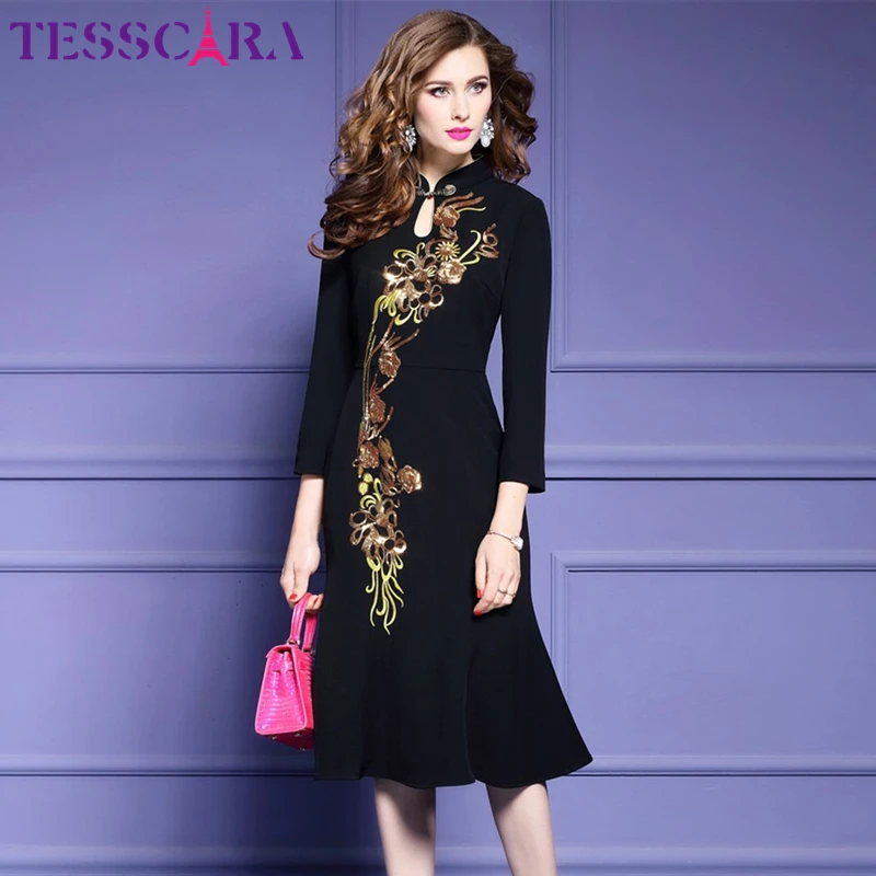 Женское платье с блестками TESSCARA винтажное коктейльное в стиле ретро для осени и