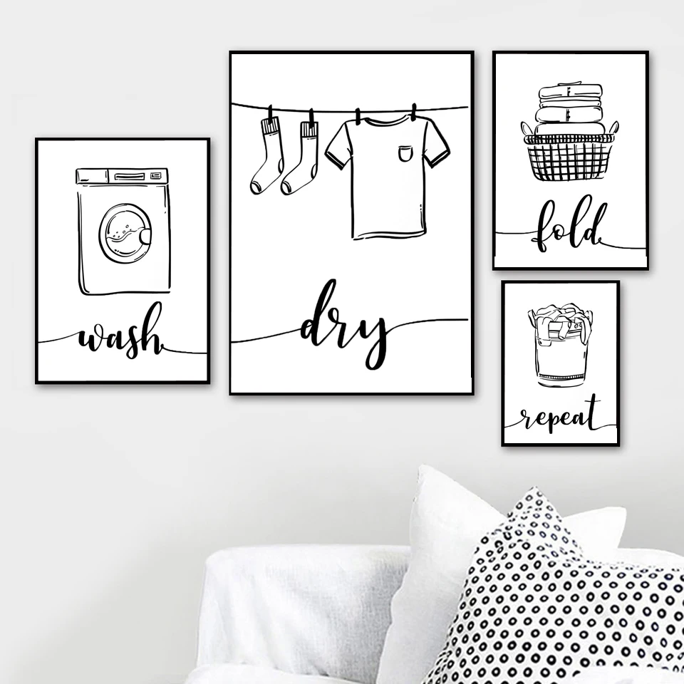 

Wall Art Print Canvas Painting Nordic Poster Wash Dry Fold Repeat Laundry Sign Black White Pictures Bathroom Home Decor Modular