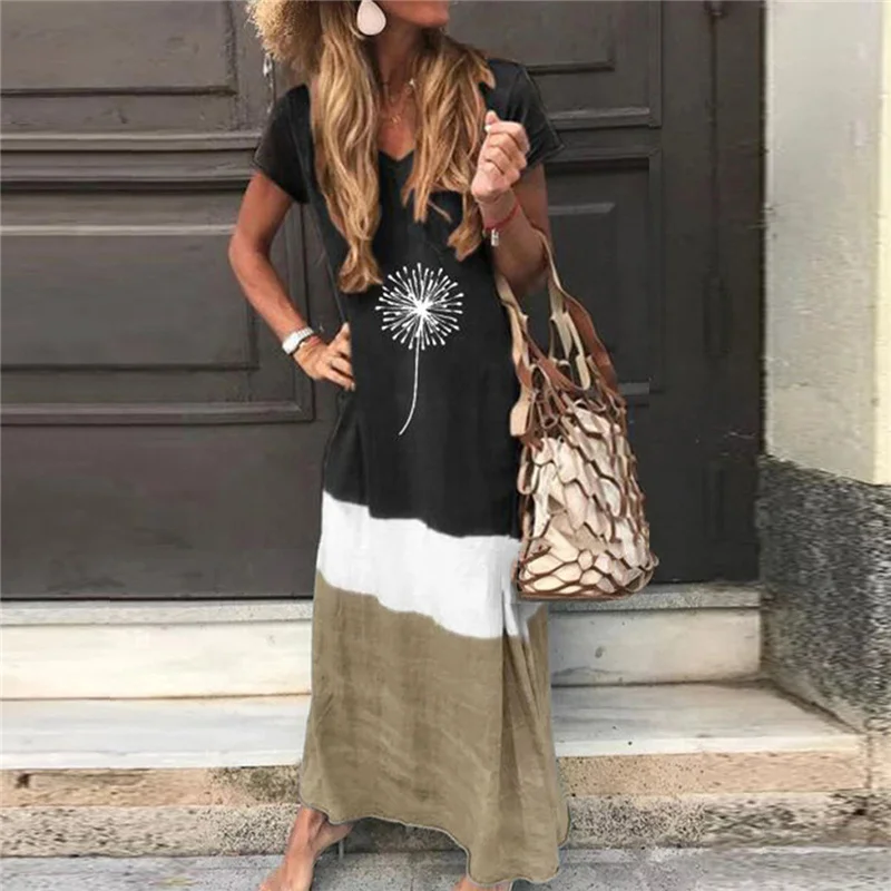 

Women's plus size loose dress long style loose contrast color stitching short-sleeved jumpsuit