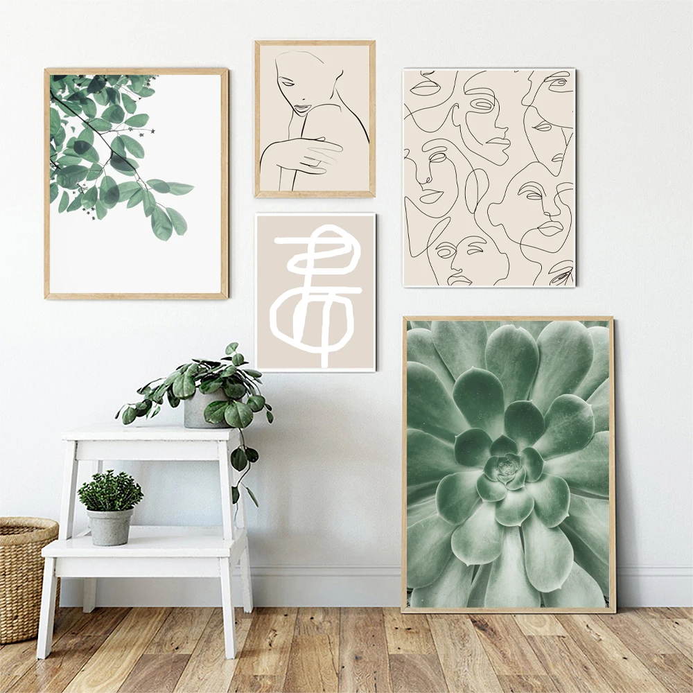

Leaf Succulent Plant Abstract Lines Girl Face Wall Art Canvas Painting Posters And Prints Wall Pictures For Living Room Decor