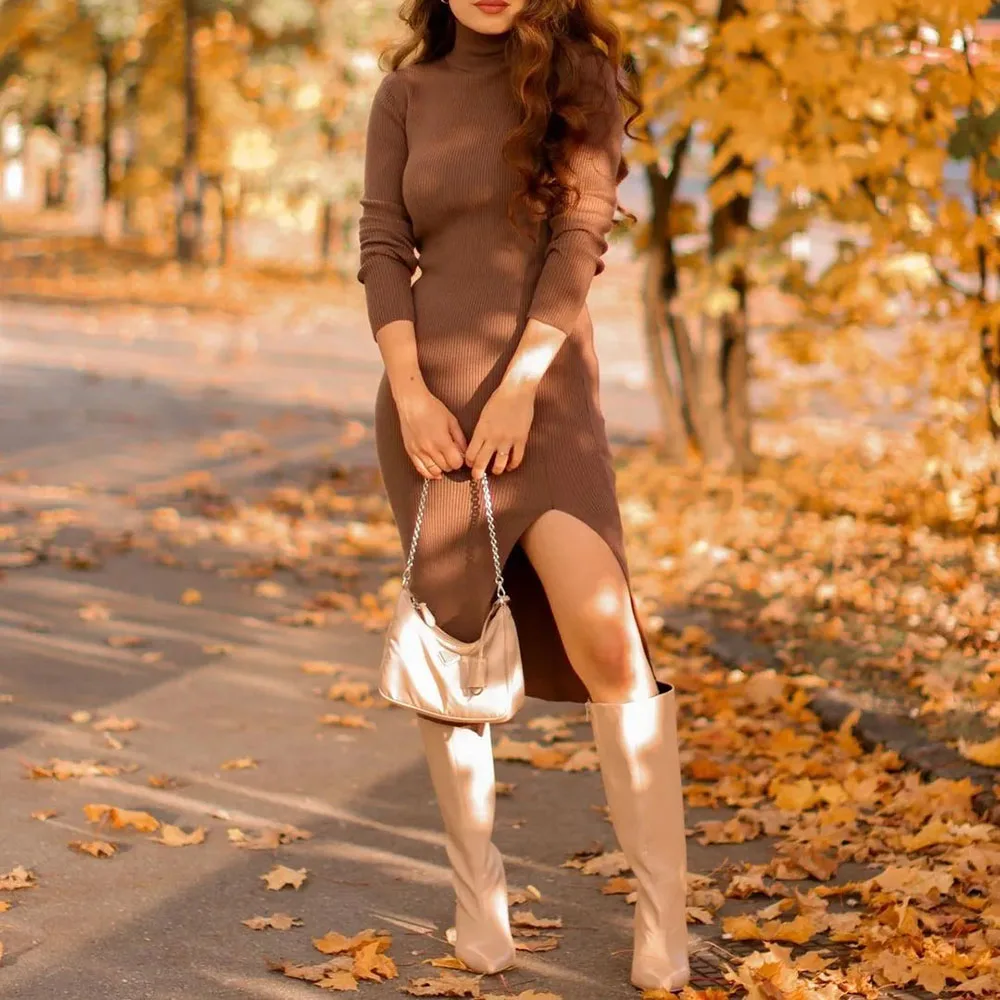 

Осень 2021, женское винтажное пикантное однотонное трикотажное платье-футляр XEASY, женские праздничные повседневные облегающие платья средней длины с высоким воротником и разрезом