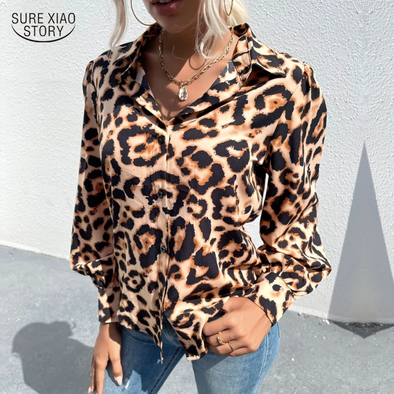 

2021 Slim Printed Lace-up Polo Collar Shirt Autumn Long-sleeved Leopard Print Buttoned Blouses Elegant Fashion Sexy Blouse 16938