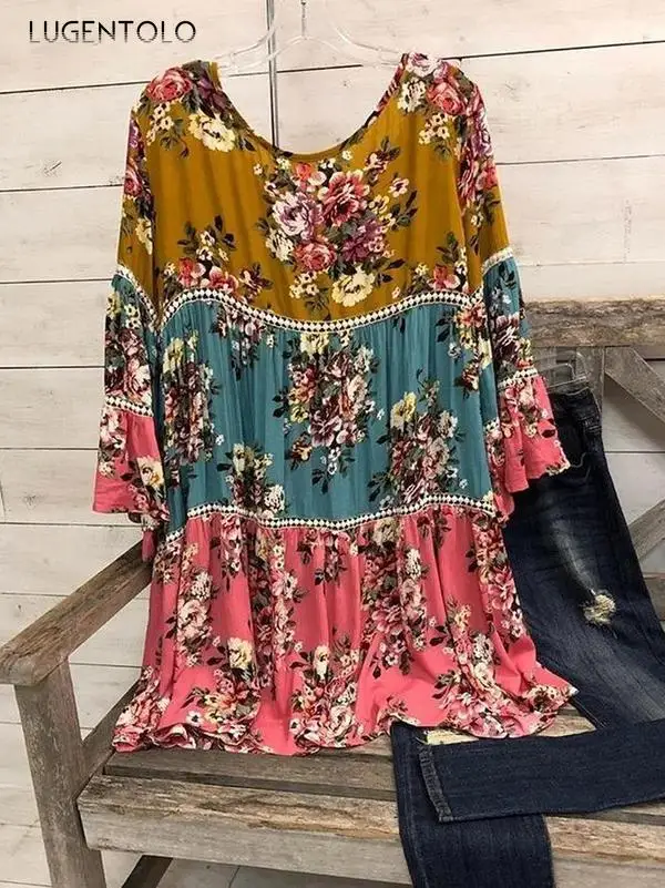 

T-shirt Women Casual Long Sleeve Spring Summer Tops Print Stitching O-round Female Loose T-shirts Lugentolo
