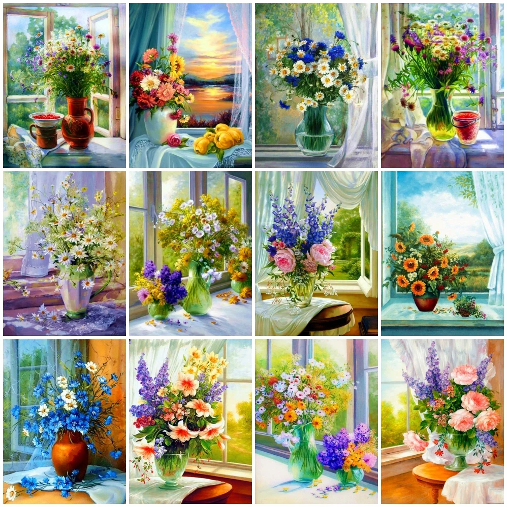 

AZQSD Handicraft Diamond Painting Window Flower Cross Stitch Picture Of Rhinestones Diamond Embroidery Scenery Mosaic Home Decor