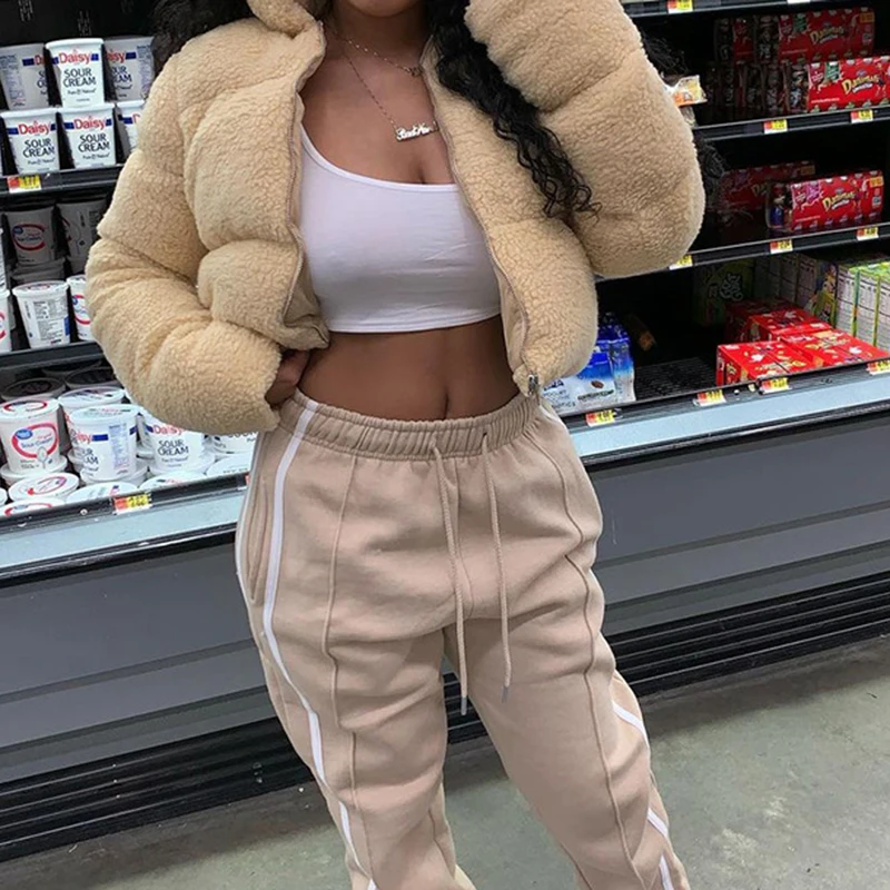 Short Fluffy Jacket Autumn Winter Parkas Lamb Wool Cotton Coat Stand Collar Fashion Casual Simple Warm Outwear Khaki Streetwear