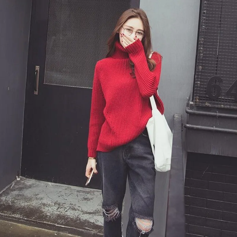 Модная Повседневная Женская водолазка корейский Свободный пуловер с длинными