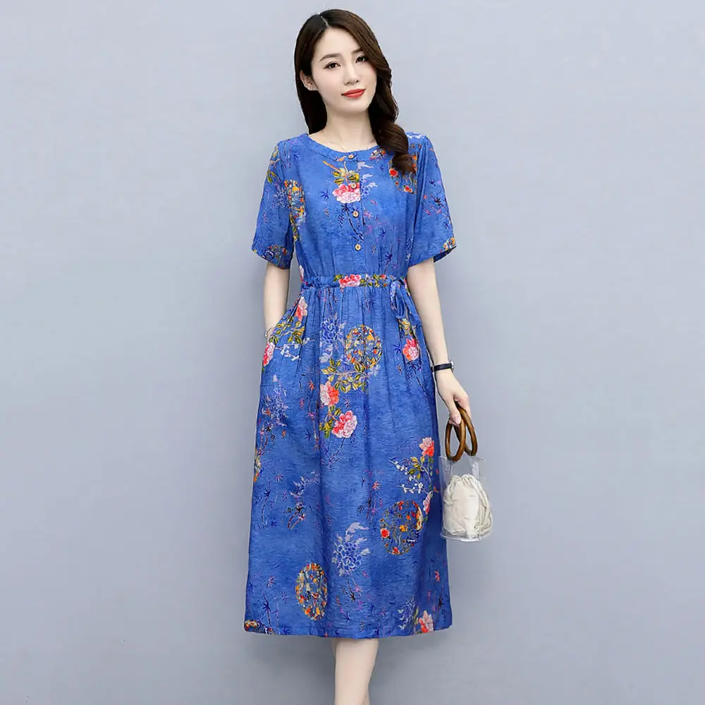 

Women 2021 Summer New Fashion Loose Printed Dress Female Cotton Linen Long Vestidos Ladies Short Sleeve A-line Dresses W74