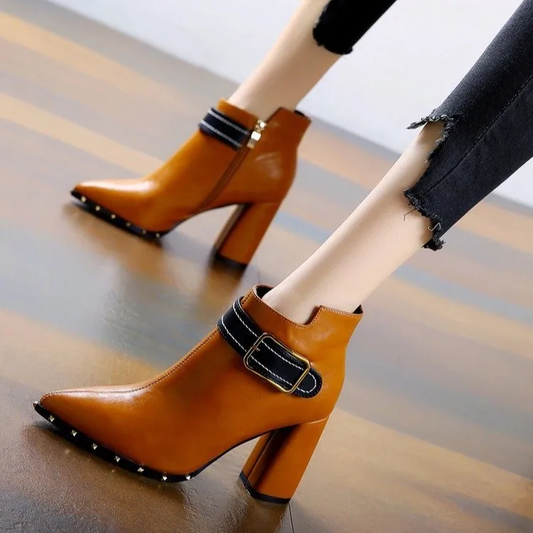 

Женские однотонные ботильоны с острым носком, вечерние толстом каблуке